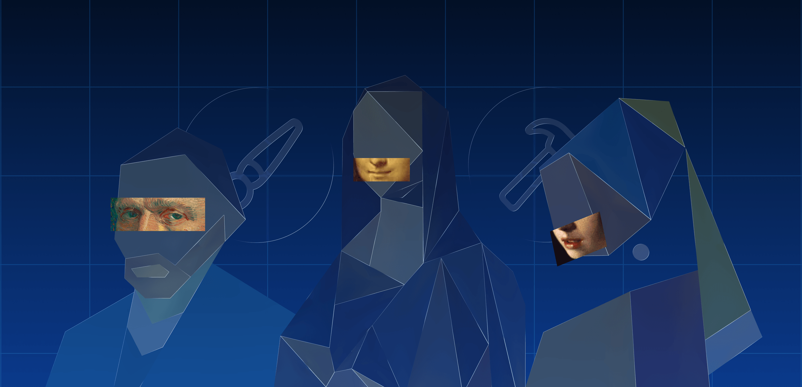 VATI Studio — geometric figures with classical art details on a blueprint grid